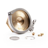 One 3.5 inch 88.9mm TIG Aesthetics tellurium copper chill block heat sink with clamp diffuser and fittings for automotive v-band flange welding to keep flanges flat reduce warping and back purge assembled kit front