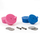 An assortment of silicone purge plugs in blue 1.5", and pink 1.75”- 2” tubing sizes with stainless steel mesh diffusers and titanium argon inlet tubes. for high purity header fabrication