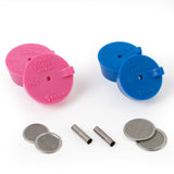 An assortment of silicone purge plugs in blue 1.5", and pink 1.75”- 2” tubing sizes with stainless steel mesh diffusers and titanium argon inlet tubes for high purity header fabrication
