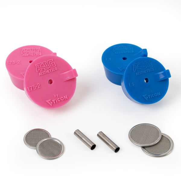 An assortment of silicone purge plugs in blue 1.5", and pink 1.75”- 2” tubing sizes with stainless steel mesh diffusers and titanium argon inlet tubes for high purity header fabrication
