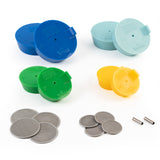 TIG Aesthetics assortment motorsport automotive exhaust kit of silicone pipe plugs in various sizes and colors (yellow, green, cyan, blue) with stainless steel mesh diffusers and titanium argon inlet tubes.