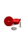 TIG Aesthetics Deep Industrial Red silicone purge plug disassembled, 2 inch NPS pipe, titanium inlet tube visible designed for industrial pipe welding and gas-purge applications