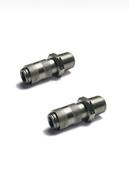 Two silver-colored zinc plated female quick disconnect sockets designed to connect to 1/8 inch NPT threaded holes, displayed uninstalled against a white background.