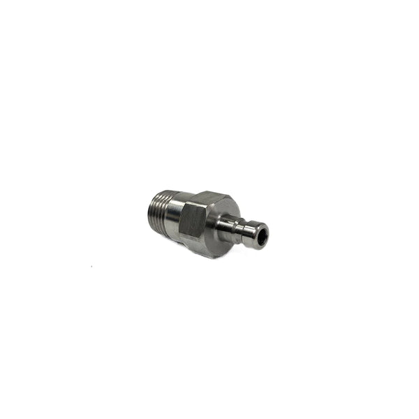 A silver-colored zinc plated Quick Disconnect male fitting to 1/8" NPT designed for connecting copper chill blocks or other 1/8" NPT purge tooling.