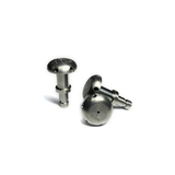 Three pieces of raw titanium Quick Disconect shower head diffusers with precision CNC machined outlet ports, displayed against a white background with TIG Aesthetics and Ticon logo laser etched on the bottom of the part.