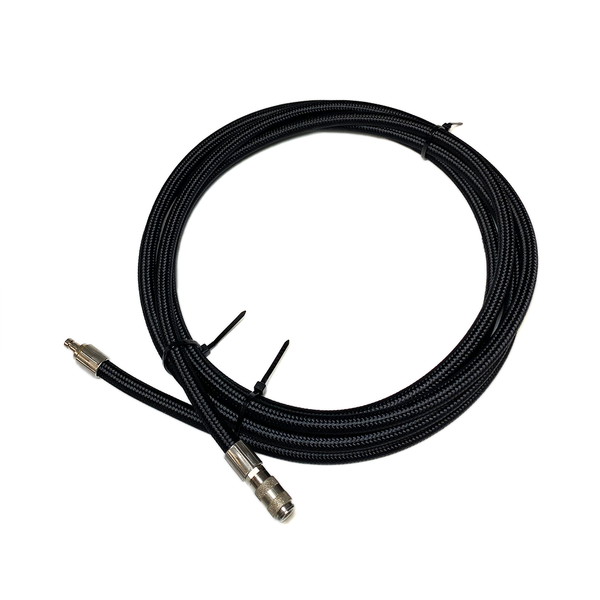 A 10-foot long coiled black Ultra Flex High PSI braided hose with pre-crimped quick disconnect fittings, one end male and the other end female.