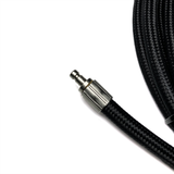 A 10-foot long coiled black Ultra Flex High PSI braided hose with pre-crimped quick disconnect fittings zoom view of hose and one male fitting