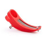 One TIG Aesthetics silicone curved tube trailing shield right angle for TIG welding exotic alloy titanium, inconel stainless steel 304 308 316 321 , in red, with a metal diffuser and a hose retention tab not installed top view
