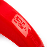 One TIG Aesthetics silicone curved tube trailing shield right angle for TIG welding exotic alloy titanium, inconel stainless steel 304 308 316 321 , in red, with a metal diffuser and a hose retention tab not installed top view