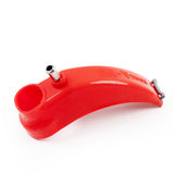 One TIG Aesthetics silicone curved tube trailing shield right angle for TIG welding exotic alloy titanium, inconel stainless steel 304 308 316 321 , in red, with a metal diffuser and a hose retention tab not installed top view