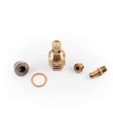 A Copper bronze colored copper chill block designed for use in welding with an M18 O2 bung on white background not installed with fittings 