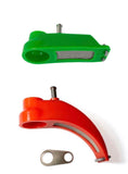 Two silicone trailing shields for TIG welding, one in green and one in red, with a metal diffuser and a hose retention tab.