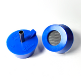Two blue silicone purge plugs for high purity tube welding  with mesh diffuser for laminar argon flow and small tube to attach hose