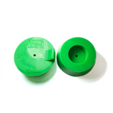 Two green silicone purge plugs for high purity tube welding with mesh diffuser for laminar argon flow and small tube to attach hose
