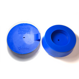 Two large blue silicone purge plugs for high purity tube welding with mesh diffuser for laminar argon flow and small tube to attach hose
