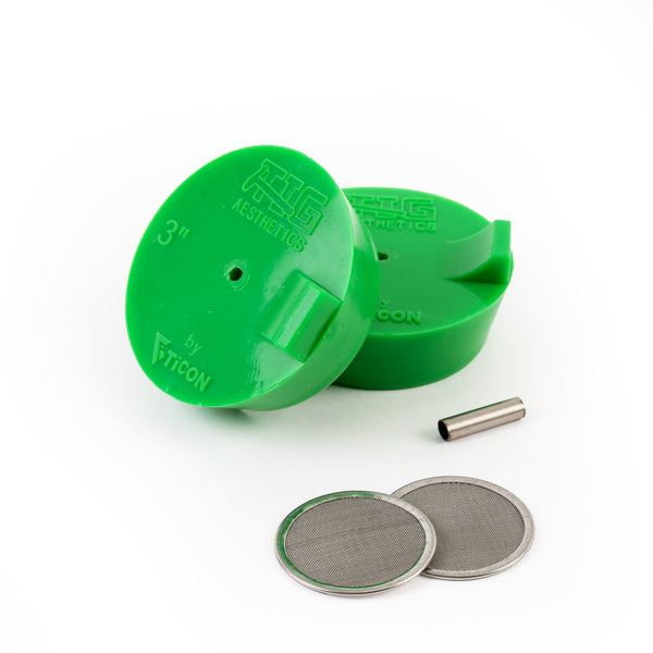 TIG Aesthetics pair of green silicone purge plugs disassembled, 3 inch tube, titanium inlet tube and two diffusers visible