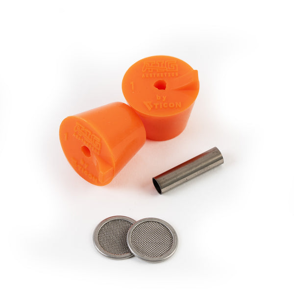 TIG Aesthetics pair of Orange silicone purge plugs  disassembled, 1 inch tube, titanium inlet tube and two diffusers visible
