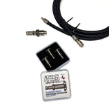 The image shows a Quick Disconnect Hose Complete Kit which includes a black 10' long hose, a female QD socket to Argon Regulator adapter, and a pack of QD Shower Head Diffusers placed inside a box with TIG Aesthetics branding.