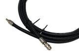 A 10-foot long coiled black Ultra Flex High PSI braided hose with pre-crimped quick disconnect fittings zoom view of hose one female and one male fitting.