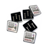 Three boxes of Three pieces of raw titanium shower head diffusers  in boxes with precision CNC machined outlet ports, displayed against a white background with TIG Aesthetics and Ticon branding on the box.