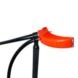 One silicone trailing shield for TIG welding, in red, with a metal diffuser and a hose retention tab installed on welding torch.