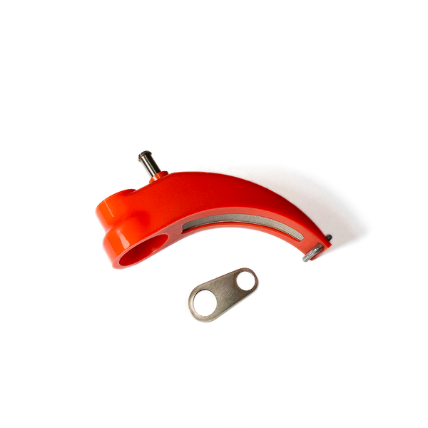 One TIG Aesthetics silicone curved trailing shield for TIG welding, in red, with a metal diffuser and a hose retention tab not installed 