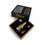 a single black product packaging open box containing and showing m18 tellurium copper chill block with included accessories honeycomb pattern with gold and white TIG Aesthetics branding and description
