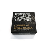 a single black product packaging box containing m18 tellurium copper chill block honeycomb pattern with gold and white TIG Aesthetics branding and description