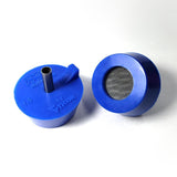 Two blue silicone purge plugs for high purity tube welding with mesh diffuser for laminar argon flow and small tube to attach hose
